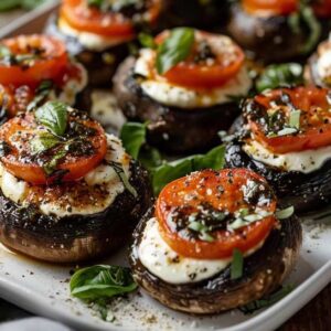 Portobello Mushroom Caps Stuffed with Sun-Dried Tomatoes, Mozzarella, Parmesan & Romano Cheese, Garlic, and Fresh Herbs