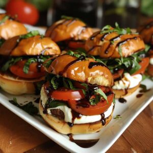 Tomato Caprese Slider, Fresh Mozzarella, Roma Tomatoes, Sweet Balsamic Glaze, and Fresh Greens