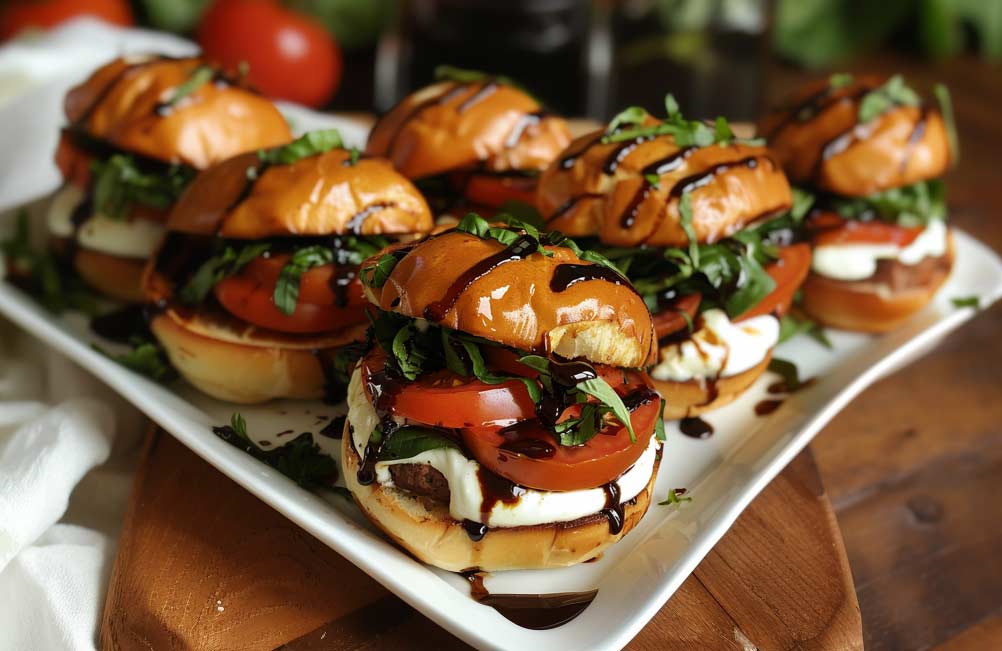 Tomato Caprese Slider, Fresh Mozzarella, Roma Tomatoes, Sweet Balsamic Glaze, and Fresh Greens