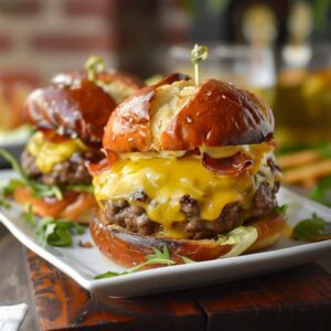 Angus beef with cheddar cheese on pretzel slider roll