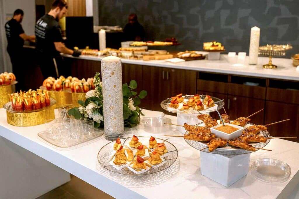 Elegant full service wedding reception buffet setup catered by Kelli's Catering & Events in Clearwater FL