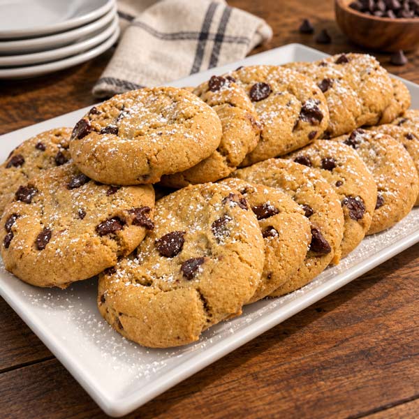 Platter of fresh-baked chocolate chip cookies dusted with powdered sugar from Kelli's Catering